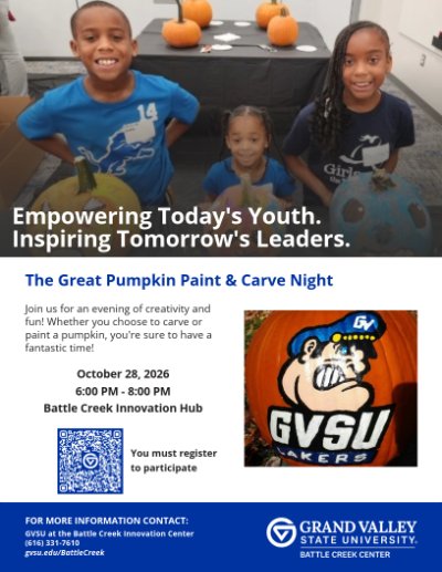 Flyer for free Pumpkin Paint and Carve Night at the Battle Creek Innovation Hub on October 28th from 6:00pm-8:00pm